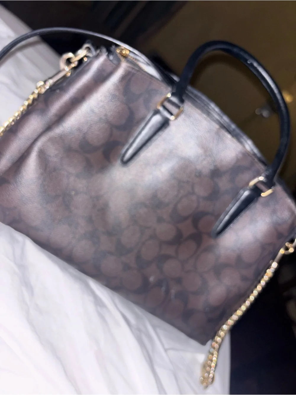 Coach Brown Monogram Satchel with Black Handles